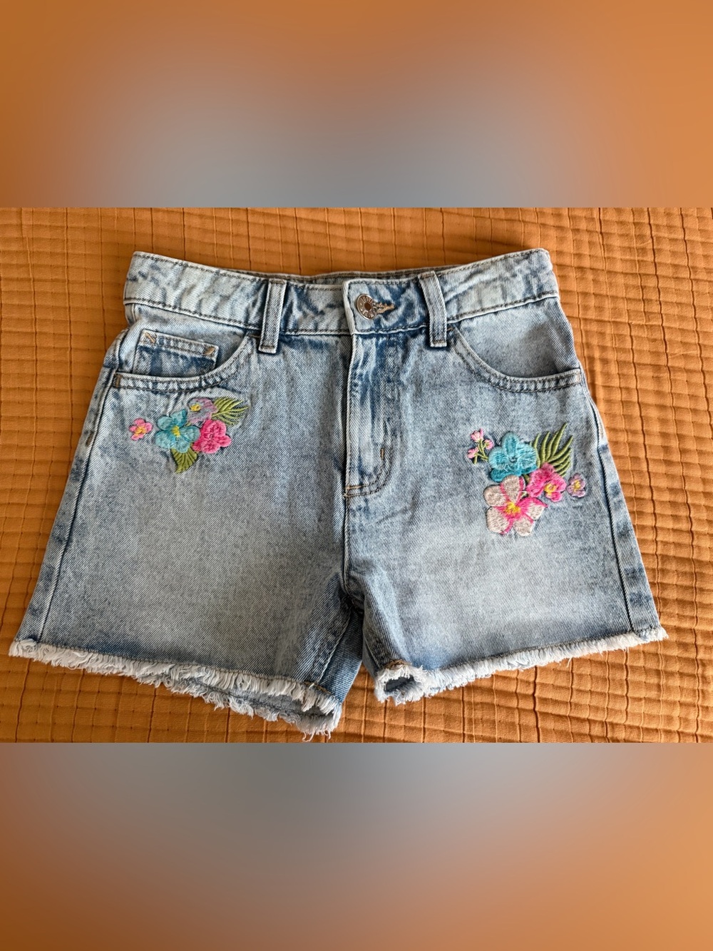 Justice Light Blue Denim Shorts with Pink & Aqua Floral Embroidery
